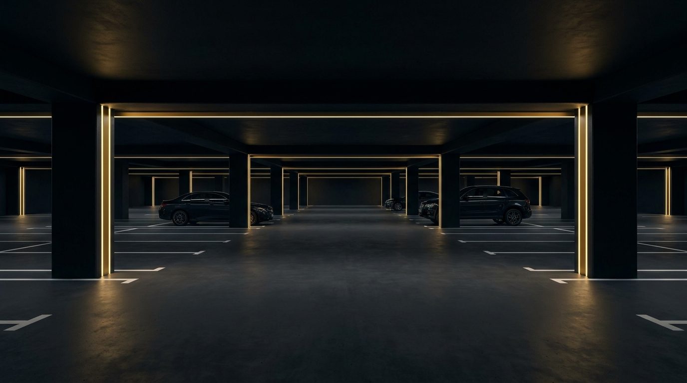 Öffentliche Parkebene von Motor United Destrict mit klarer Wegeführung