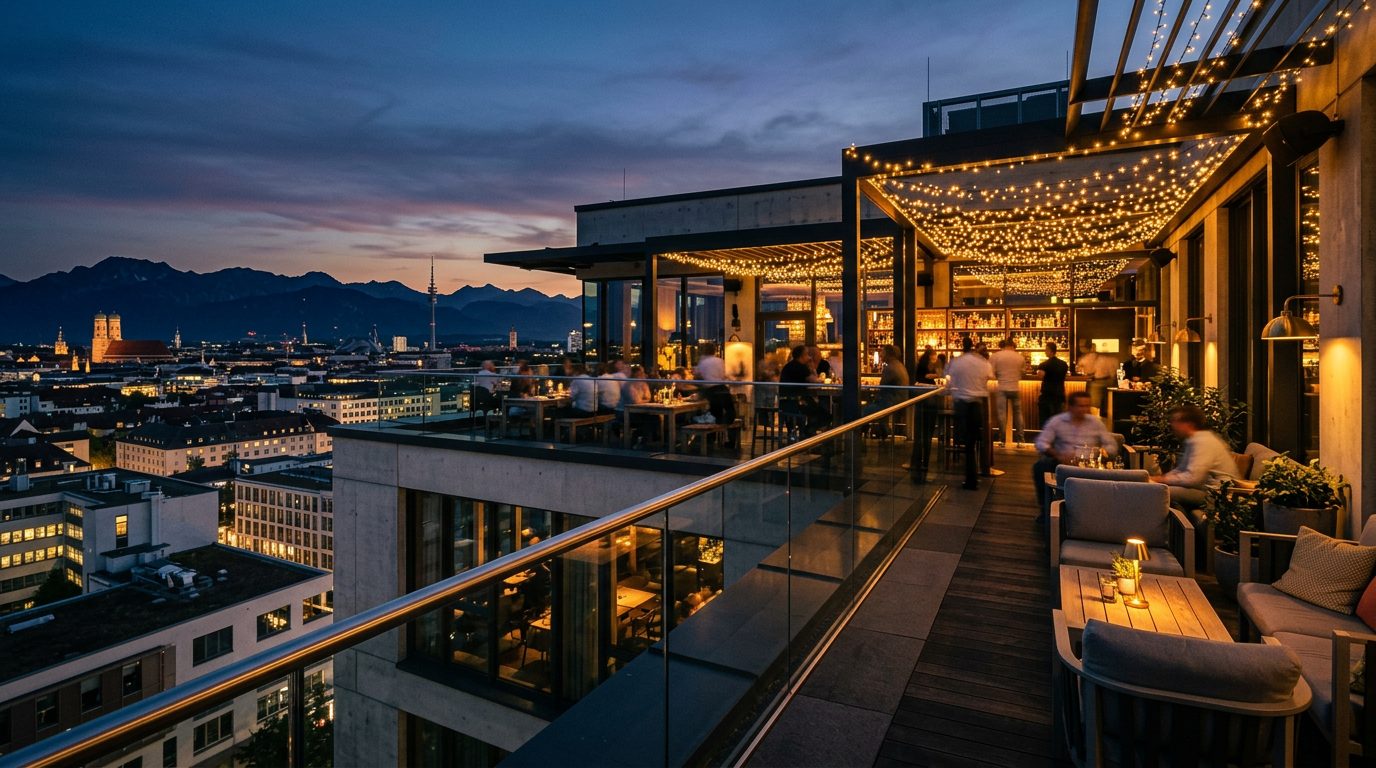Skyline Deck von Motor United Destrict bei Daemmerung mit Blick auf die Stadt